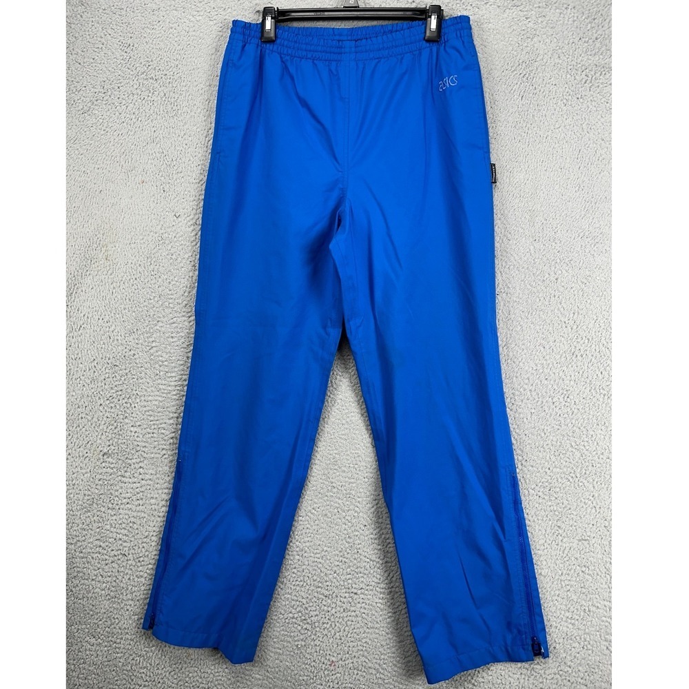 VINTAGE Asics Mens Windbreaker Pants Large Blue Waterproof Elastic Waist Pockets